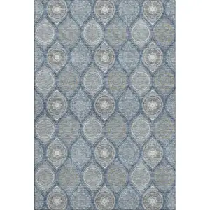 Photo of Navy Blue Ivory And Taupe Ogee Washable Area Rug With UV Protection