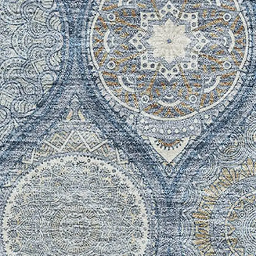 Navy Blue Ivory And Taupe Ogee Washable Area Rug With UV Protection Photo 2