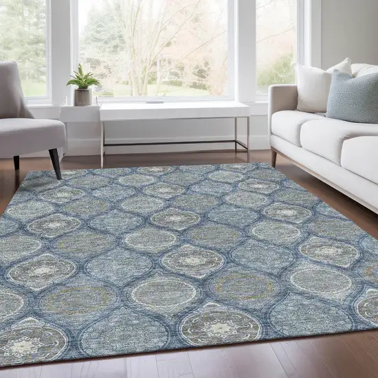 Navy Blue Ivory And Taupe Ogee Washable Area Rug With UV Protection Photo 5