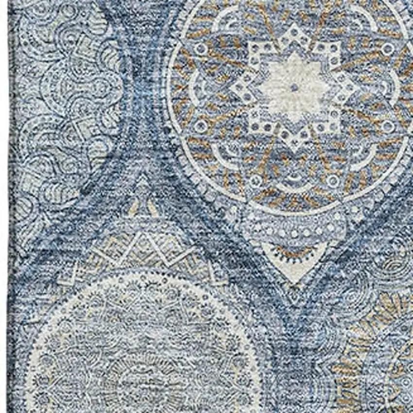 Navy Blue Ivory And Taupe Ogee Washable Area Rug With UV Protection Photo 2