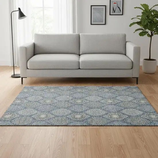 Navy Blue Ivory And Taupe Ogee Washable Area Rug With UV Protection Photo 2