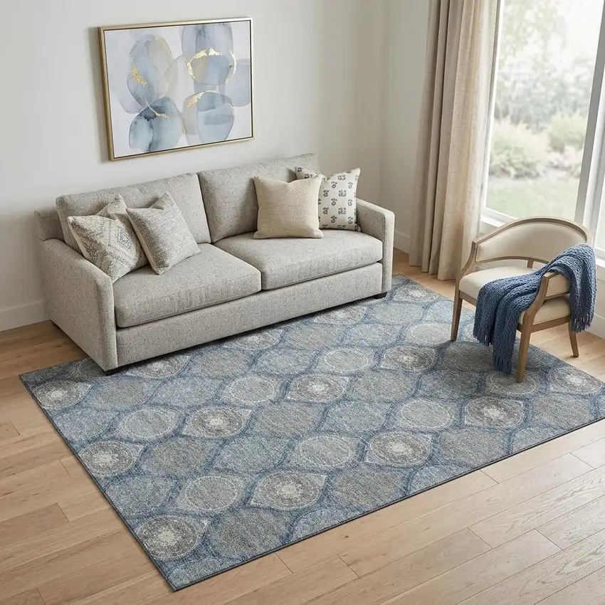 Navy Blue Ivory And Taupe Ogee Washable Area Rug With UV Protection Photo 1
