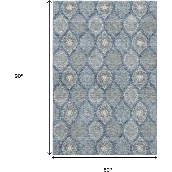 Navy Blue Ivory And Taupe Ogee Washable Area Rug With UV Protection Photo 8