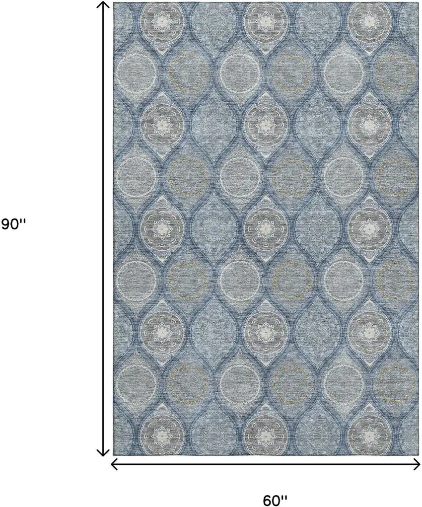 Navy Blue Ivory And Taupe Ogee Washable Area Rug With UV Protection Photo 8