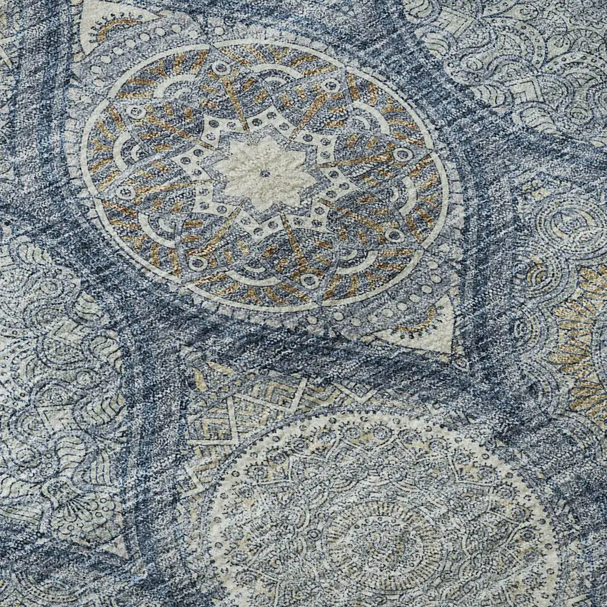 Navy Blue Ivory And Taupe Ogee Washable Area Rug With UV Protection Photo 9