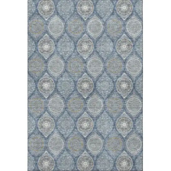 Navy Blue Ivory And Taupe Ogee Washable Area Rug With UV Protection Photo 3