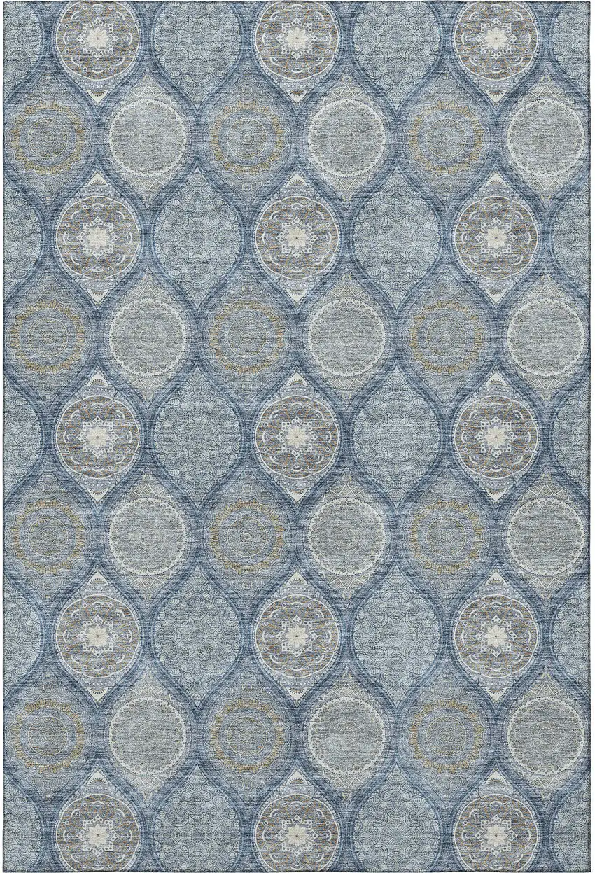 Navy Blue Ivory And Taupe Ogee Washable Area Rug With UV Protection Photo 3