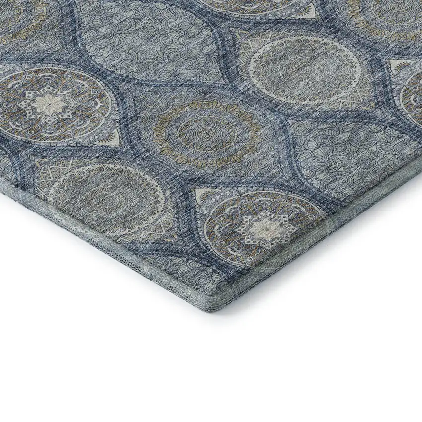 Navy Blue Ivory And Taupe Ogee Washable Area Rug With UV Protection Photo 7