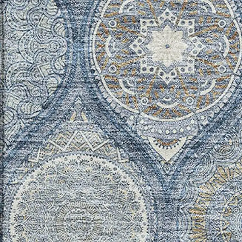 Navy Blue Ivory And Taupe Ogee Washable Area Rug With UV Protection Photo 2