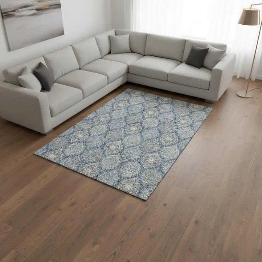 Navy Blue Ivory And Taupe Ogee Washable Area Rug With UV Protection Photo 2