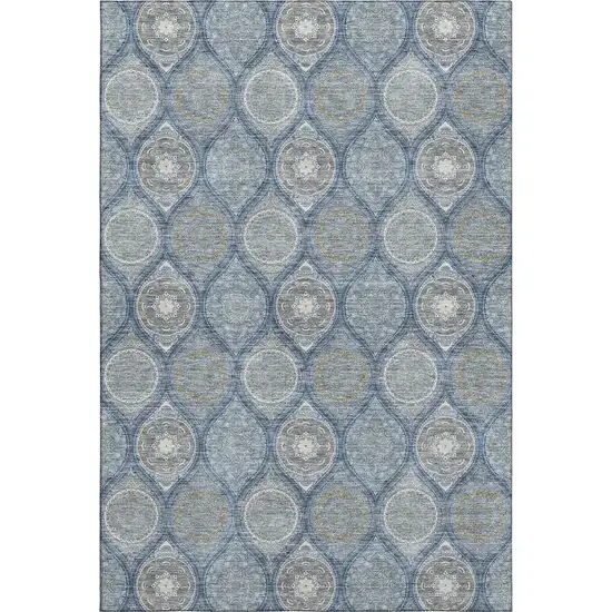 Navy Blue Ivory And Taupe Ogee Washable Area Rug With UV Protection Photo 1