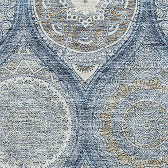 Navy Blue Ivory And Taupe Ogee Washable Area Rug With UV Protection Photo 2