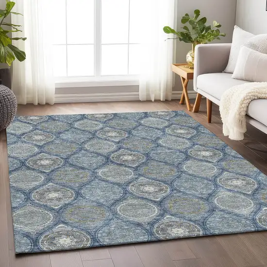 Navy Blue Ivory And Taupe Ogee Washable Area Rug With UV Protection Photo 4
