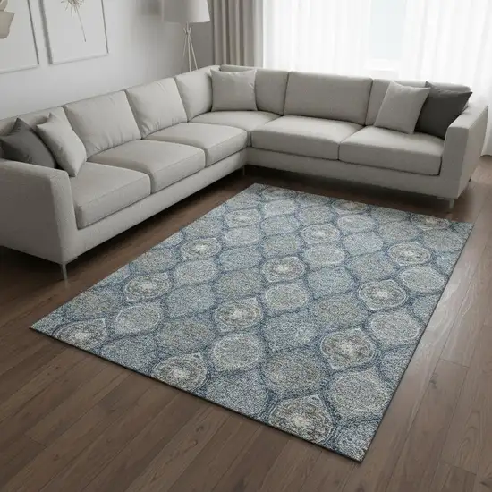 Navy Blue Ivory And Taupe Ogee Washable Area Rug With UV Protection Photo 2