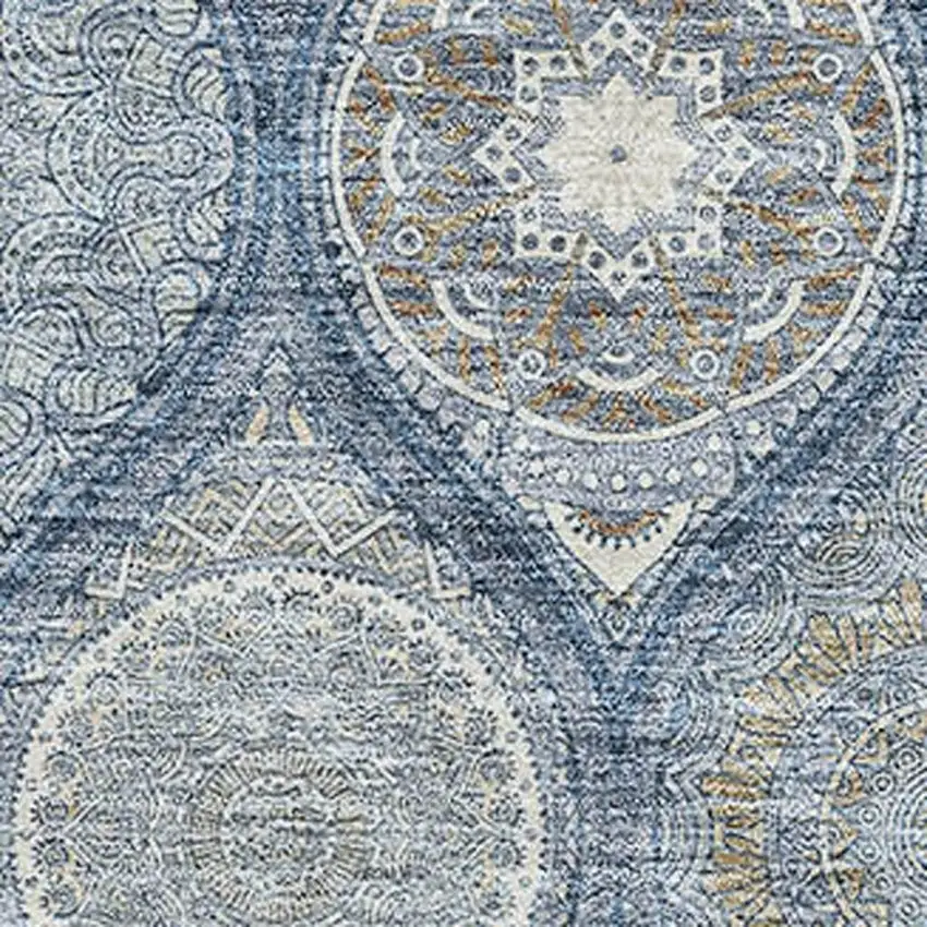 Navy Blue Ivory And Taupe Ogee Washable Area Rug With UV Protection Photo 2