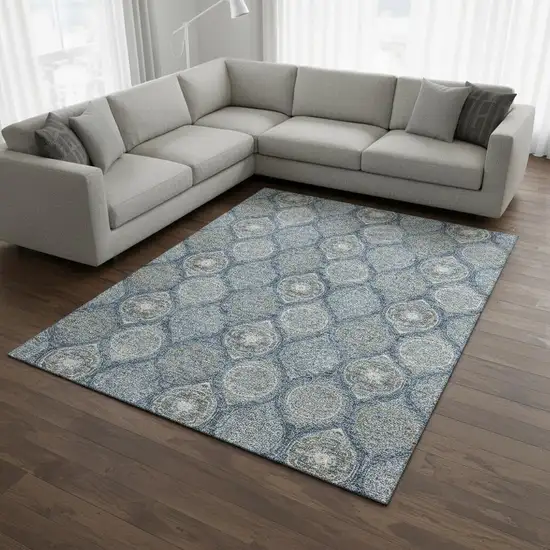 Navy Blue Ivory And Taupe Ogee Washable Area Rug With UV Protection Photo 2