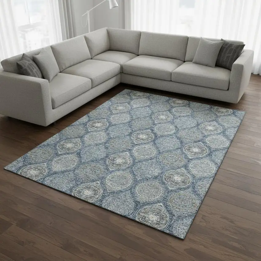 Navy Blue Ivory And Taupe Ogee Washable Area Rug With UV Protection Photo 2