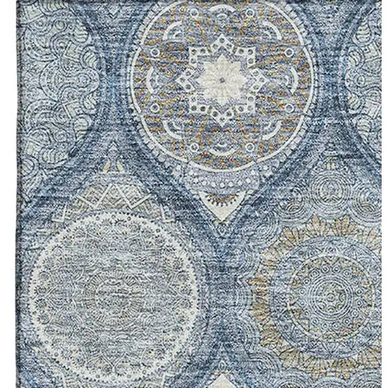 Navy Blue Ivory And Taupe Ogee Washable Area Rug With UV Protection Photo 3