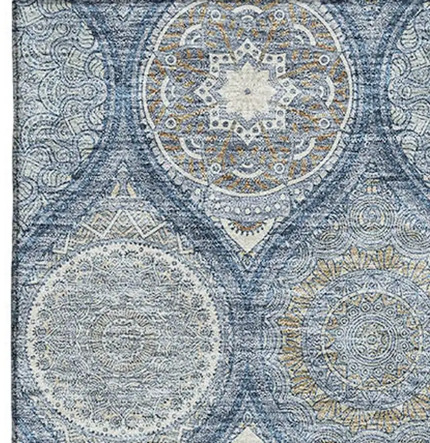 Navy Blue Ivory And Taupe Ogee Washable Area Rug With UV Protection Photo 3