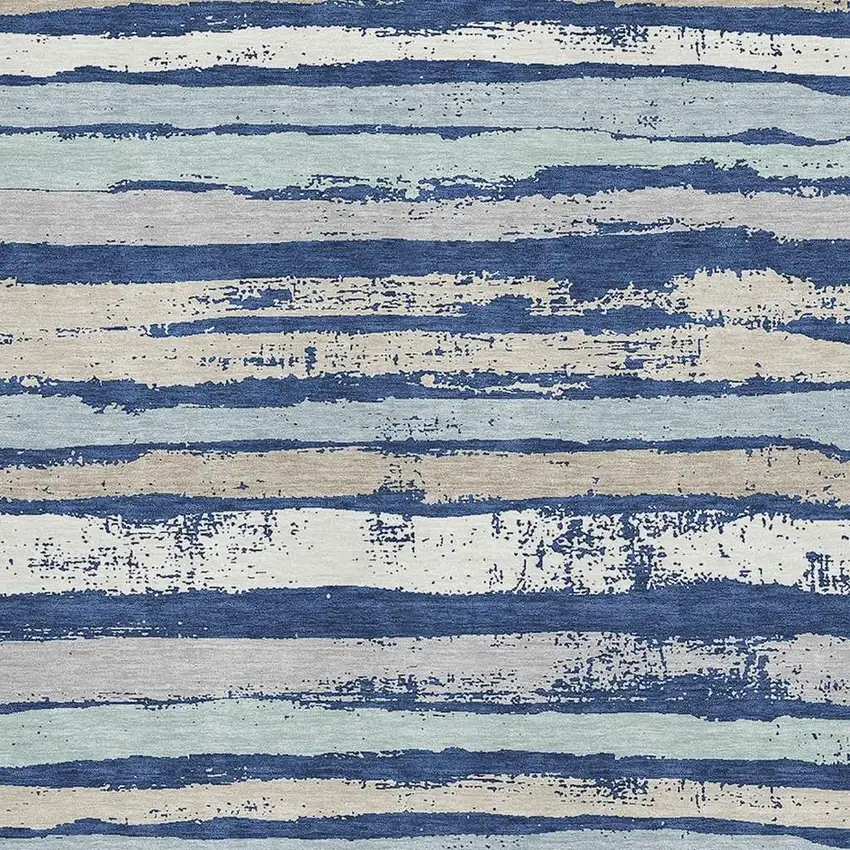 Navy Blue Ivory And Taupe Striped Washable Area Rug With UV Protection Photo 3