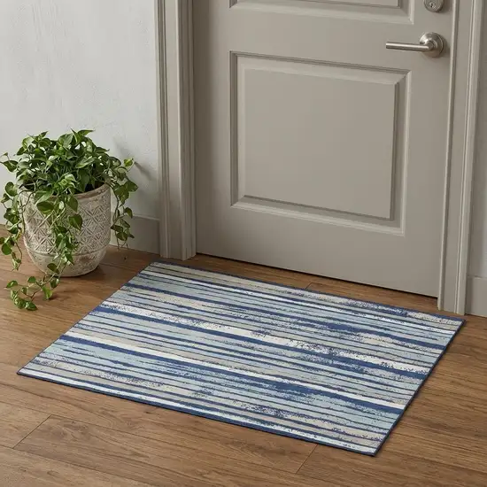 Navy Blue Ivory And Taupe Striped Washable Area Rug With UV Protection Photo 1