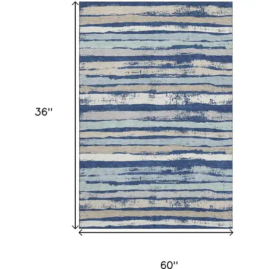 Navy Blue Ivory And Taupe Striped Washable Area Rug With UV Protection Photo 8