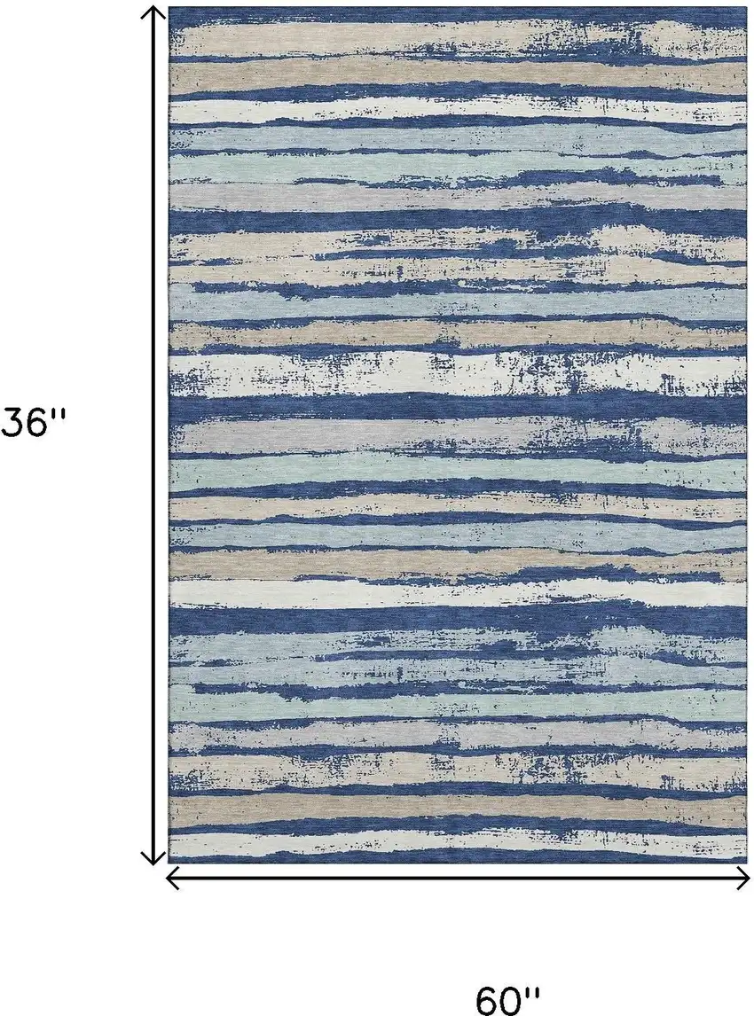 Navy Blue Ivory And Taupe Striped Washable Area Rug With UV Protection Photo 8