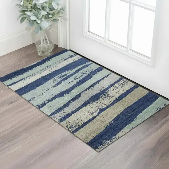 Navy Blue Ivory And Taupe Striped Washable Area Rug With UV Protection Photo 2