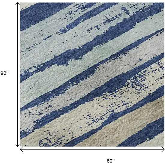 Navy Blue Ivory And Taupe Striped Washable Area Rug With UV Protection Photo 8