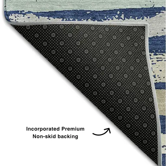 Navy Blue Ivory And Taupe Striped Washable Area Rug With UV Protection Photo 5