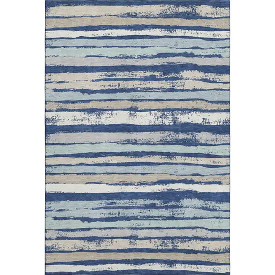Navy Blue Ivory And Taupe Striped Washable Area Rug With UV Protection Photo 4