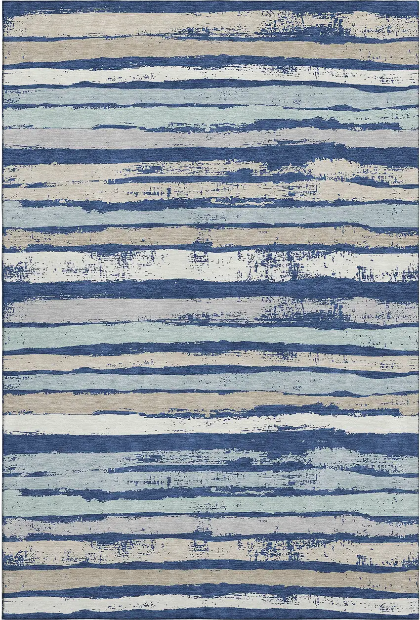 Navy Blue Ivory And Taupe Striped Washable Area Rug With UV Protection Photo 4