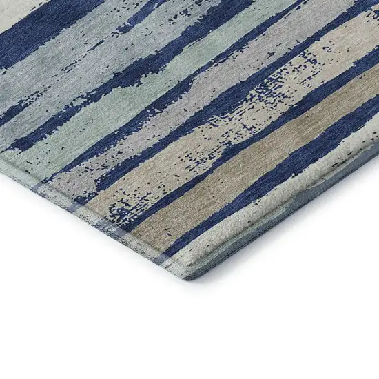 Navy Blue Ivory And Taupe Striped Washable Area Rug With UV Protection Photo 6