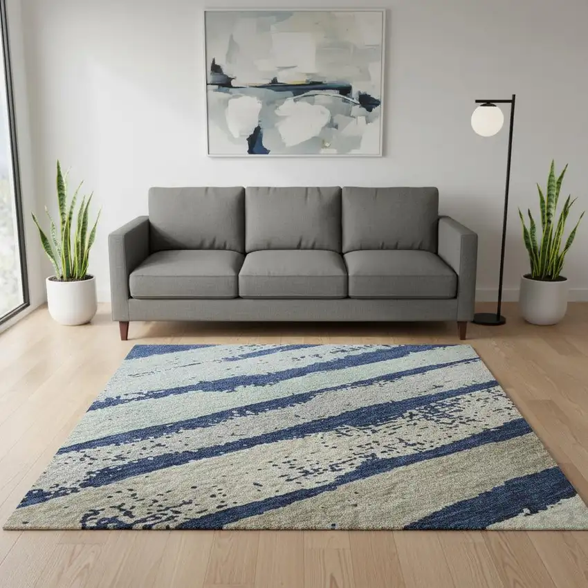 Navy Blue Ivory And Taupe Striped Washable Area Rug With UV Protection Photo 2