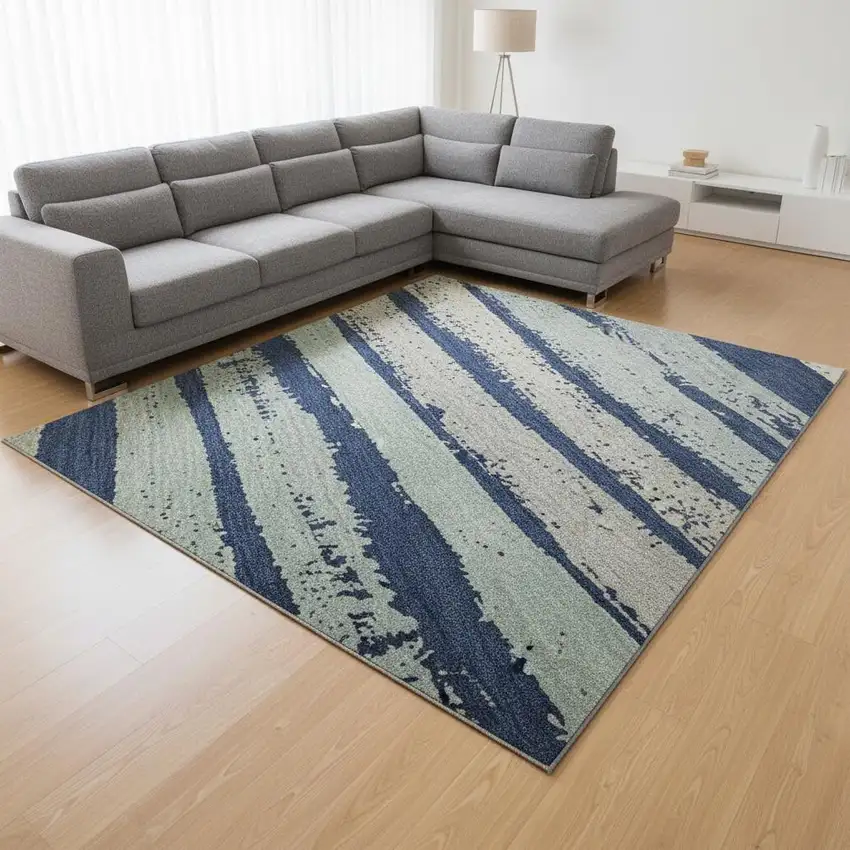 Navy Blue Ivory And Taupe Striped Washable Area Rug With UV Protection Photo 2