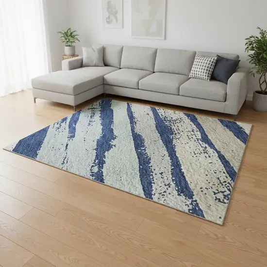 Navy Blue Ivory And Taupe Striped Washable Area Rug With UV Protection Photo 2