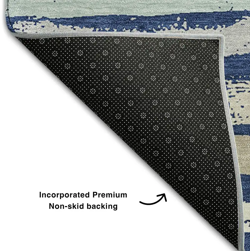 Navy Blue Ivory And Taupe Striped Washable Area Rug With UV Protection Photo 6