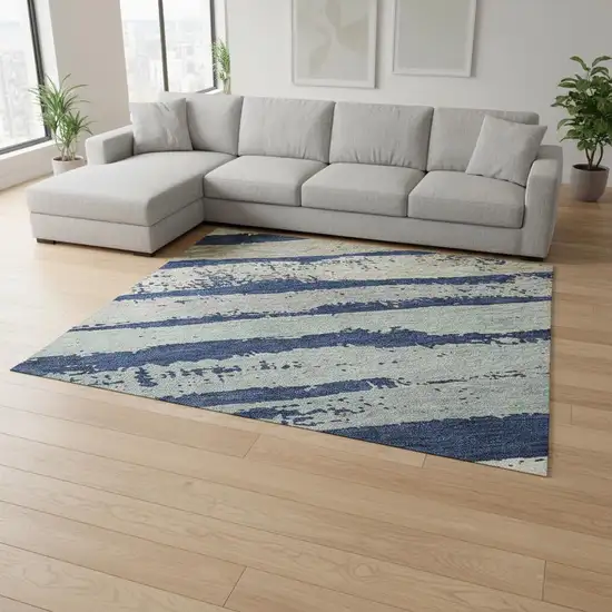 Navy Blue Ivory And Taupe Striped Washable Area Rug With UV Protection Photo 2