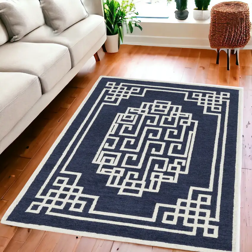 5'X7' Navy Blue Ivory Hand Tufted Bordered Greek Key Indoor Area Rug Photo 2