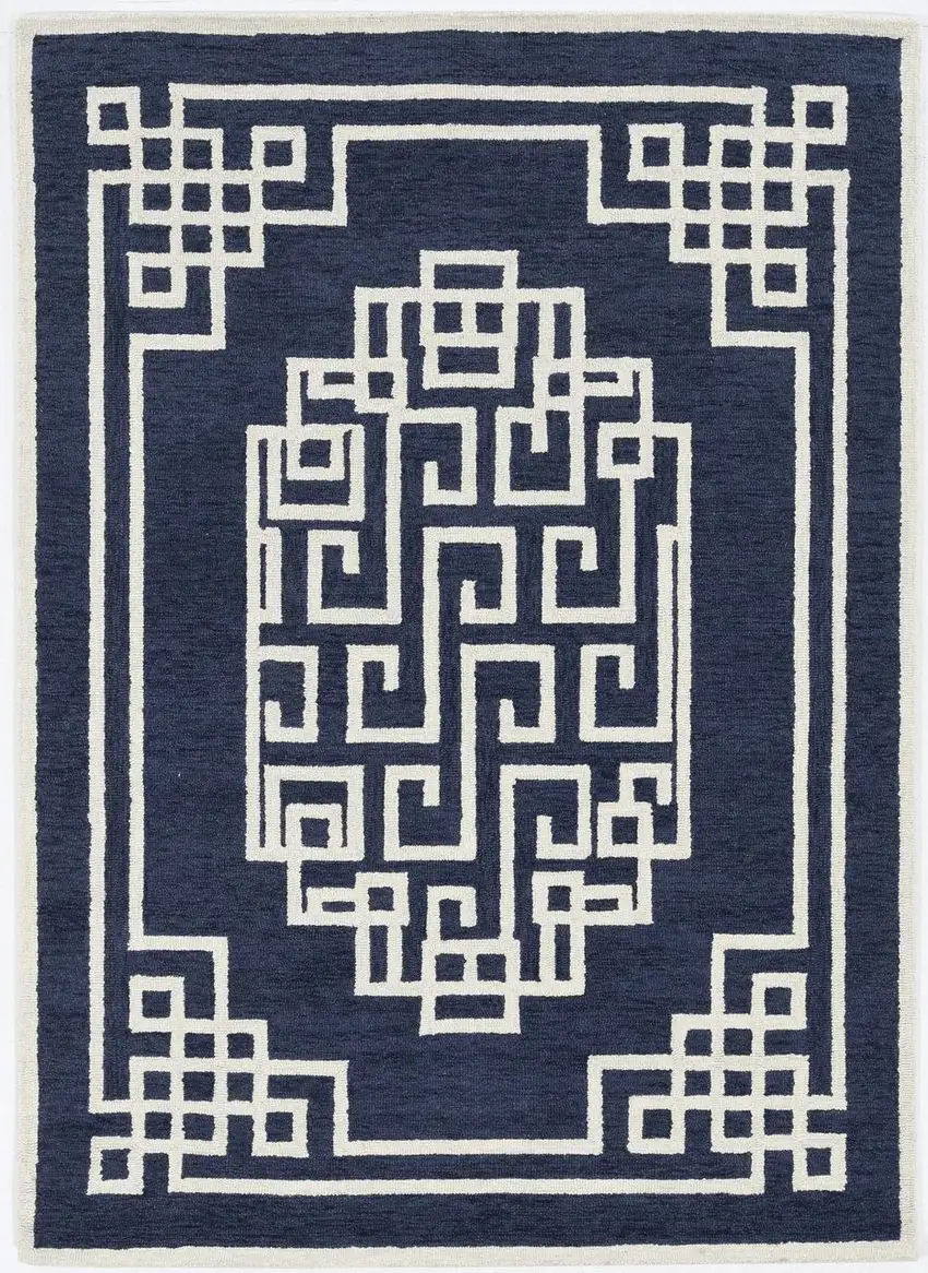 Navy Blue Ivory Hand Tufted Bordered Greek Key Indoor Area Rug Photo 2
