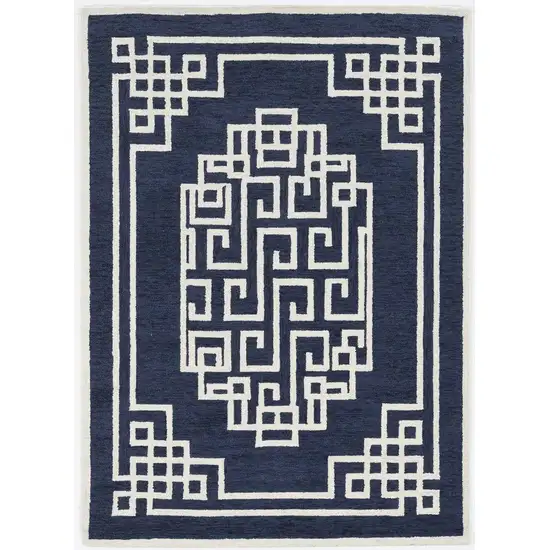 Navy Blue Ivory Hand Tufted Bordered Greek Key Indoor Area Rug Photo 2