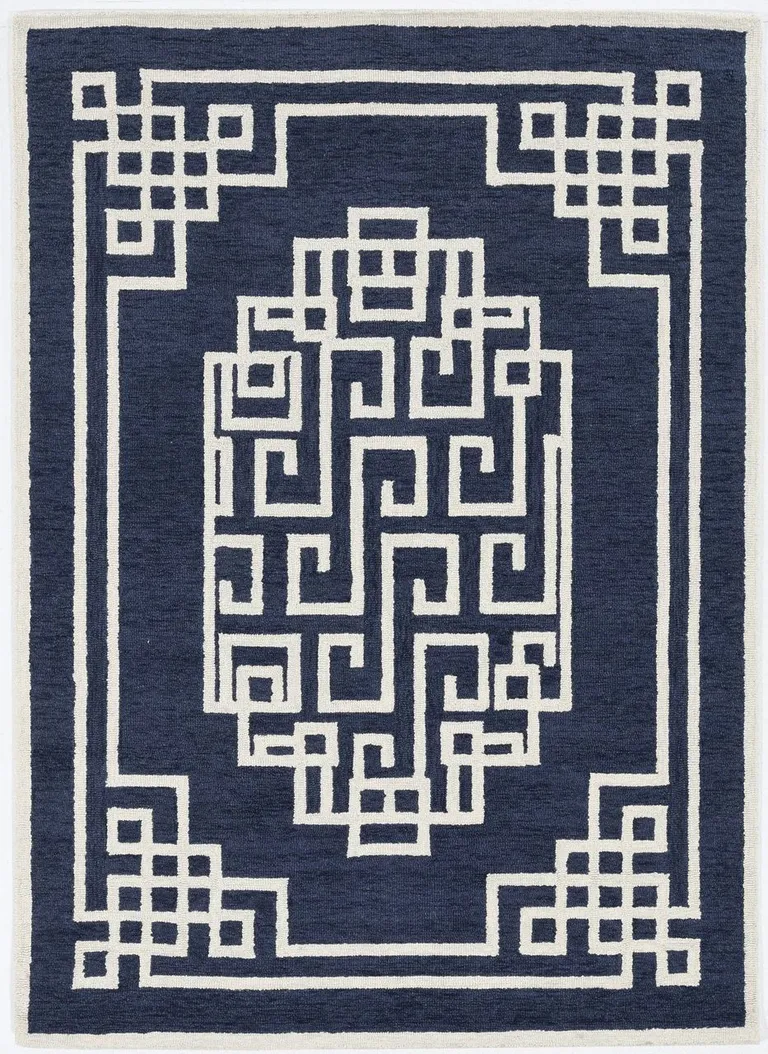 Navy Blue Ivory Hand Tufted Bordered Greek Key Indoor Area Rug Photo 2