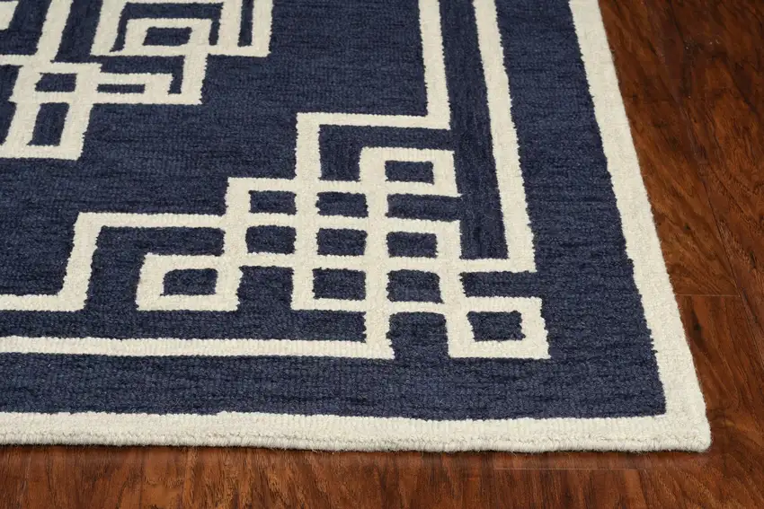 Navy Blue Ivory Hand Tufted Bordered Greek Key Indoor Area Rug Photo 6