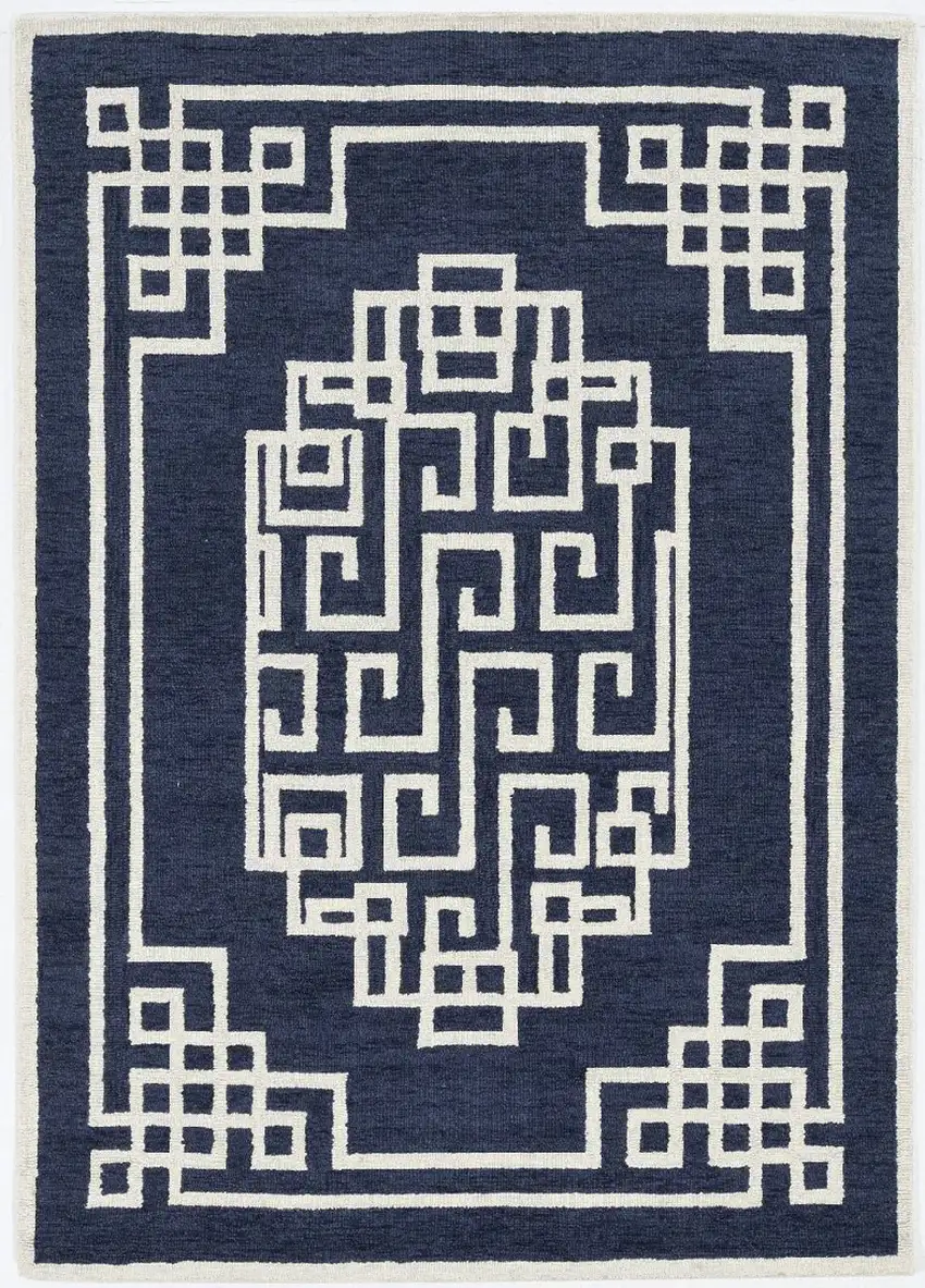 Navy Blue Ivory Hand Tufted Bordered Greek Key Indoor Area Rug Photo 1