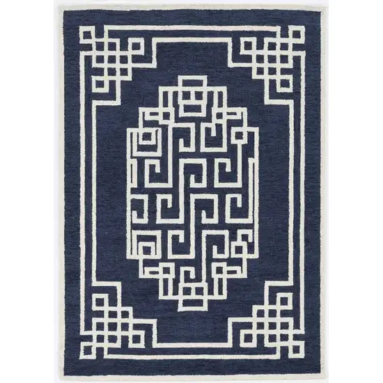 Navy Blue Ivory Hand Tufted Bordered Greek Key Indoor Area Rug Photo 1