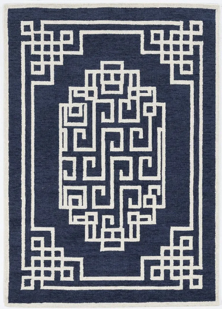 Navy Blue Ivory Hand Tufted Bordered Greek Key Indoor Area Rug Photo 1