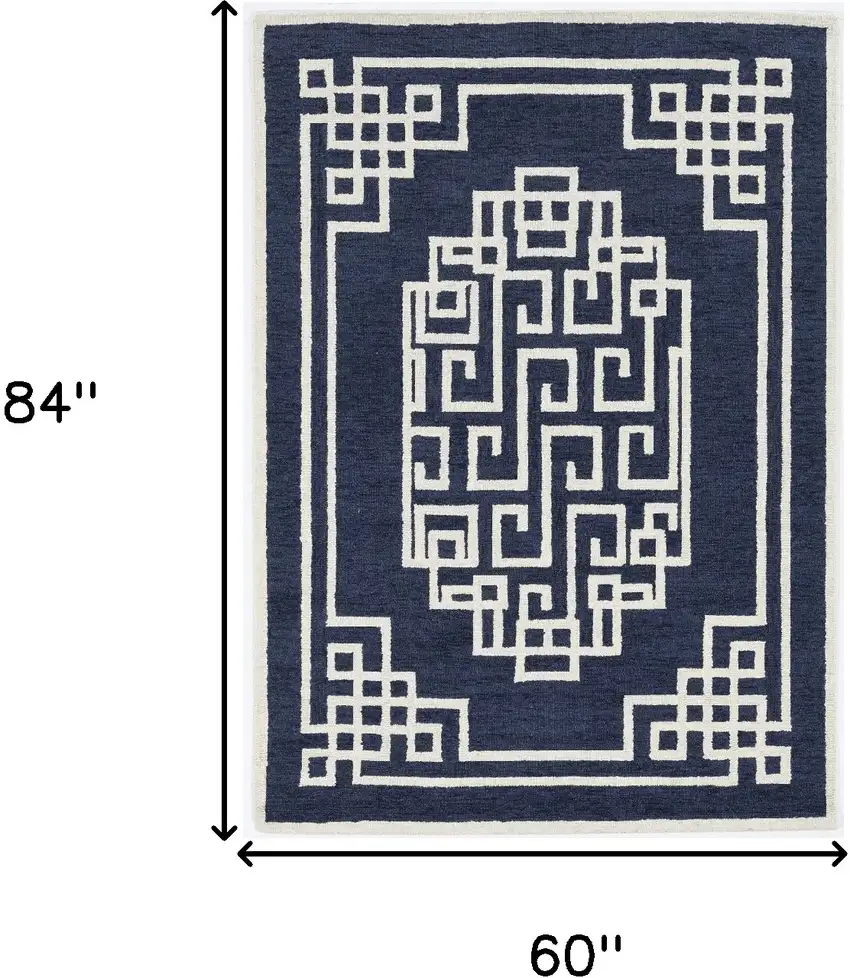 5'X7' Navy Blue Ivory Hand Tufted Bordered Greek Key Indoor Area Rug Photo 3