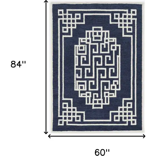 5'X7' Navy Blue Ivory Hand Tufted Bordered Greek Key Indoor Area Rug Photo 3