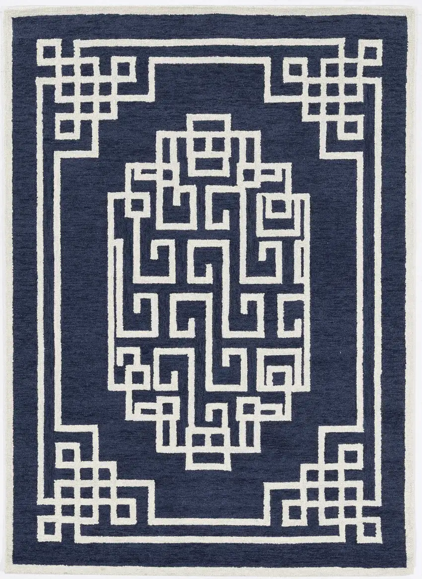 2'X4' Navy Blue Ivory Hand Tufted Greek Key Medallion Indoor Accent Rug Photo 7