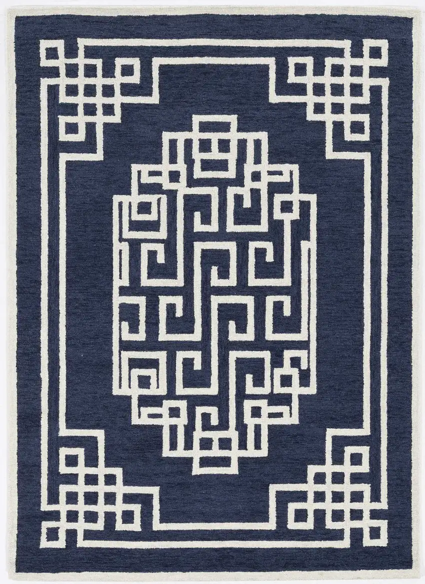 Navy Blue Ivory Hand Tufted Greek Key Medallion Indoor Accent Rug Photo 1